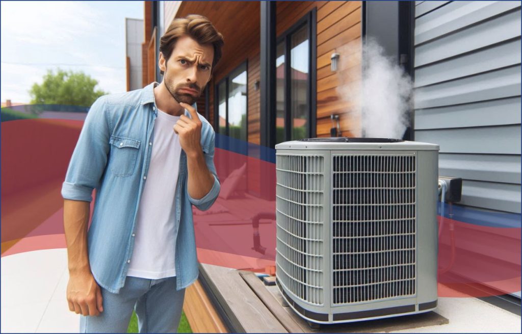 This is an image of a man standing by his smoking AC condenser unit