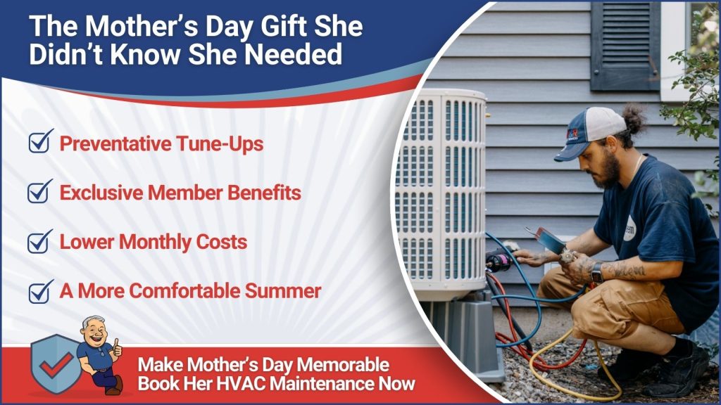 This is an image of an M&R technician working on an AC unit. The headline reads the Mother's Day gift. She didn't know she needed.