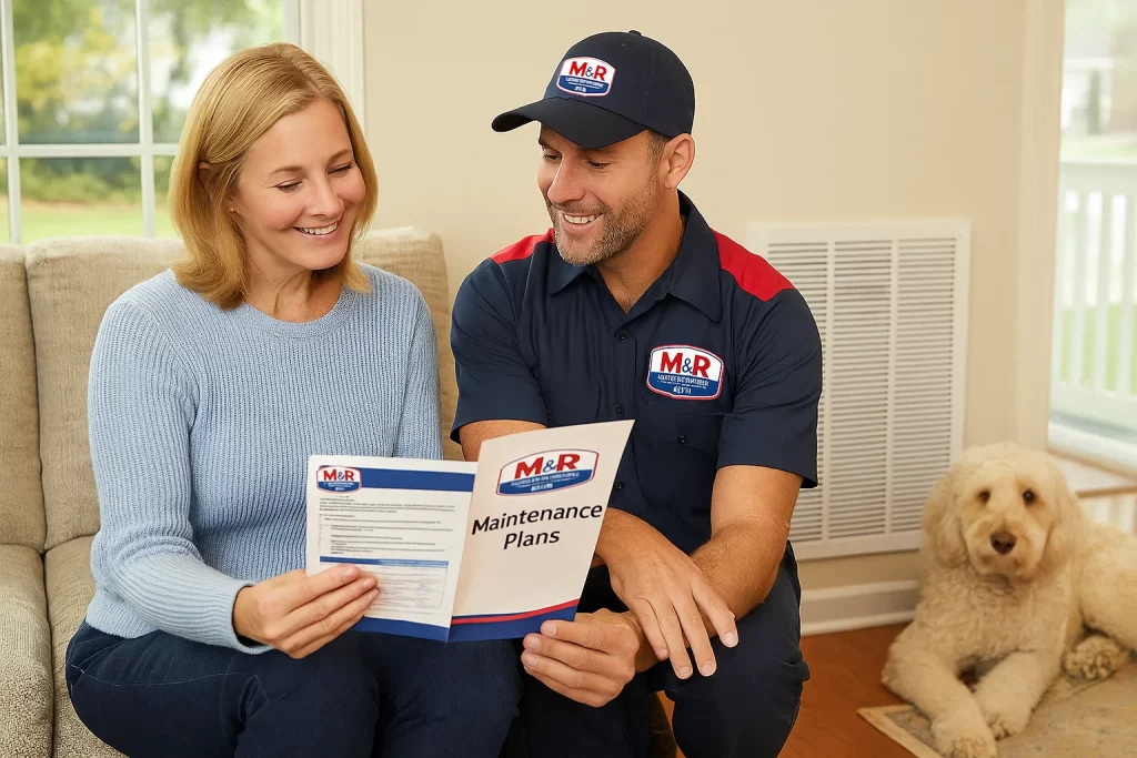 Homeowner signing HVAC maintenance plan with technician in bright New Haven home