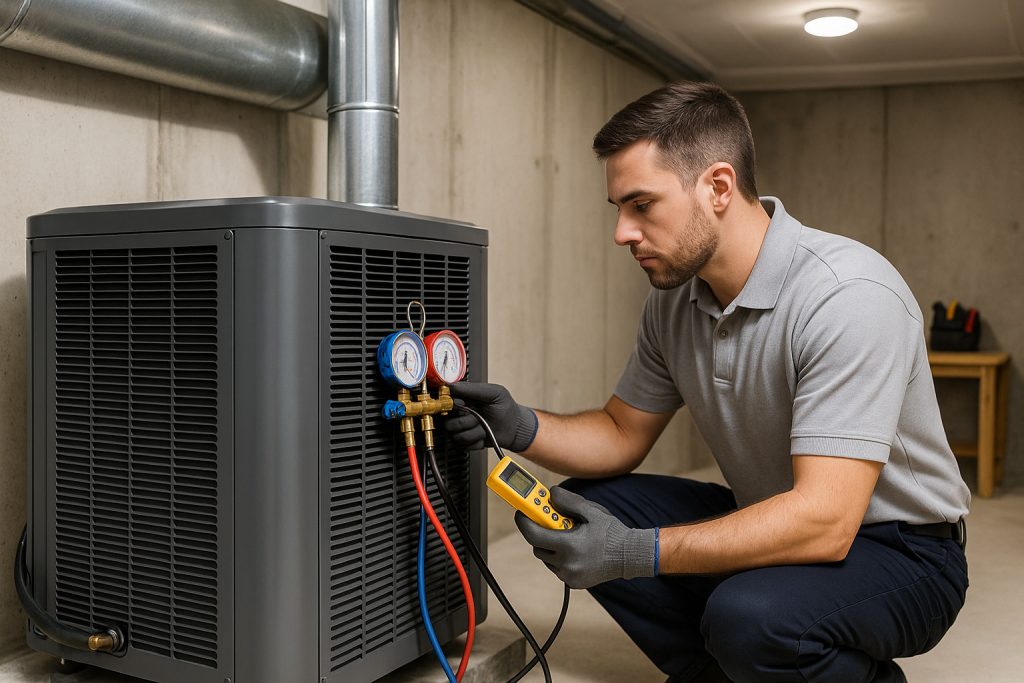 HVAC technician inspecting AC system with gauge and multimeter