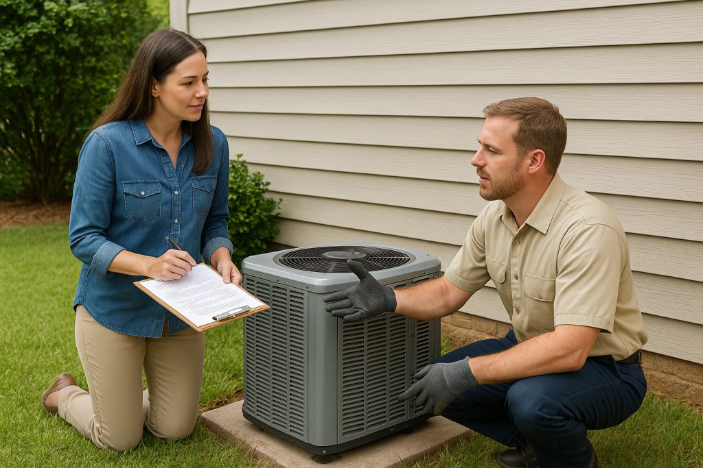 Homeowner reviewing seasonal AC maintenance steps with technician in Georgia backyard