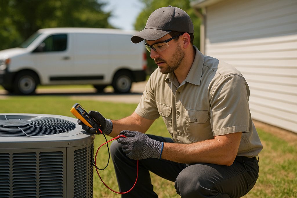 HVAC technician repairing outdoor AC unit in hot sun with voltage tester