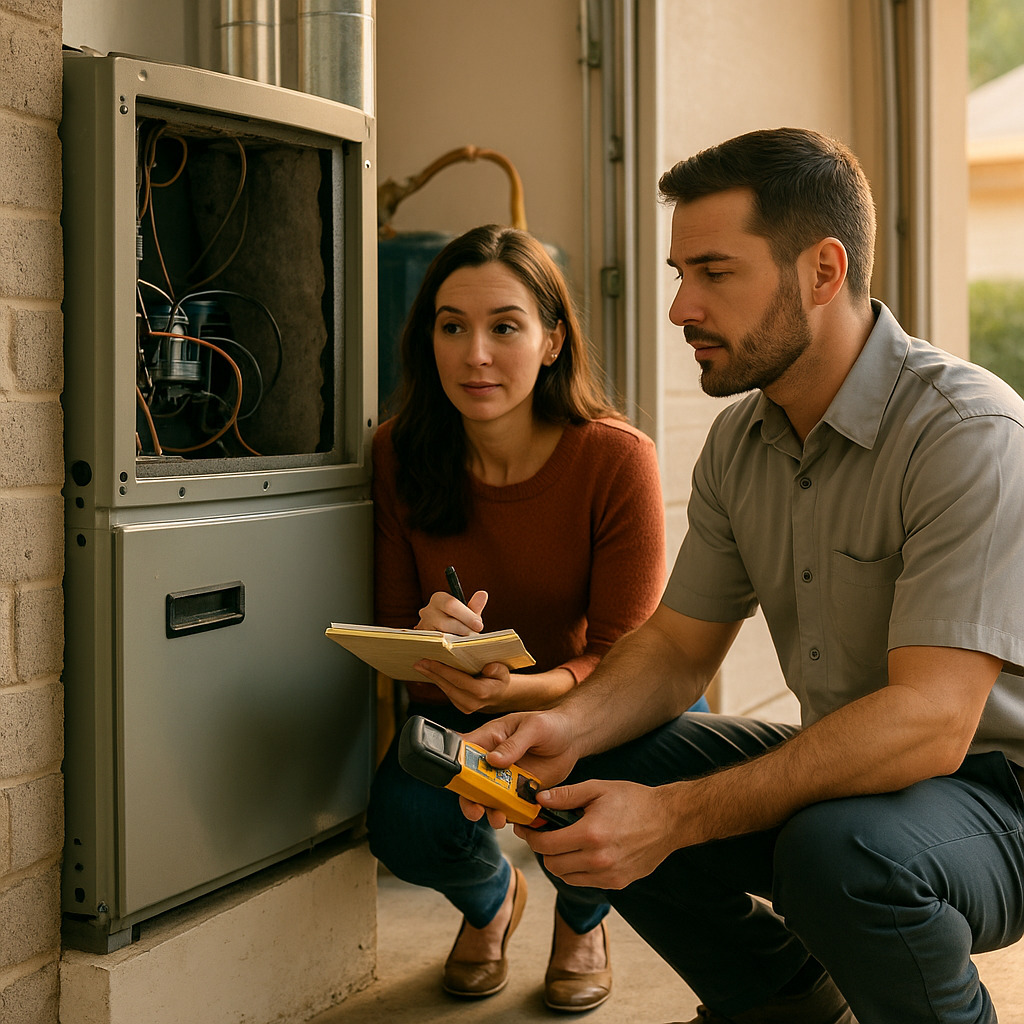 Homeowner observing AC troubleshooting in Georgia garage utility area