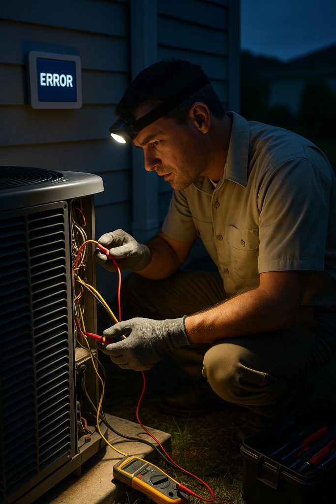 Technician diagnosing AC condenser during urgent evening repair service