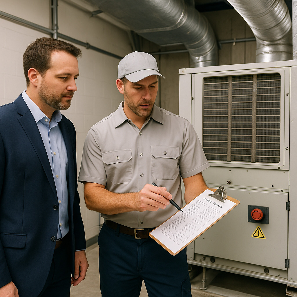 Facility manager reviews commercial HVAC checklist with technician in Georgia office