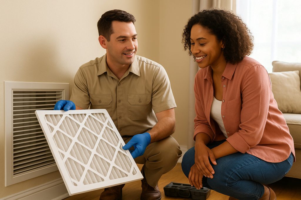 HVAC technician showing clean air filter to homeowner in Georgia living room