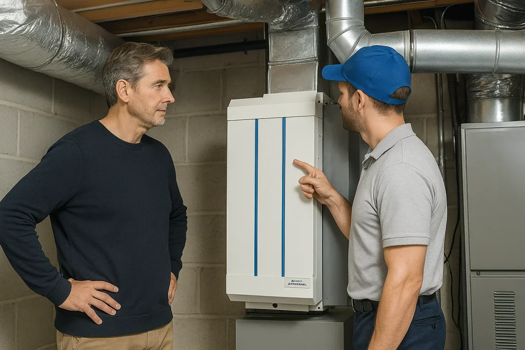 Technician explains air purifier installation to Connecticut homeowner