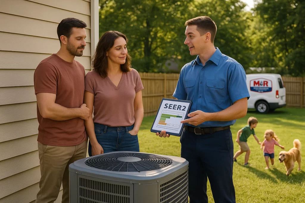 Homeowners discussing SEER2 AC ratings with a technician next to a residential unit