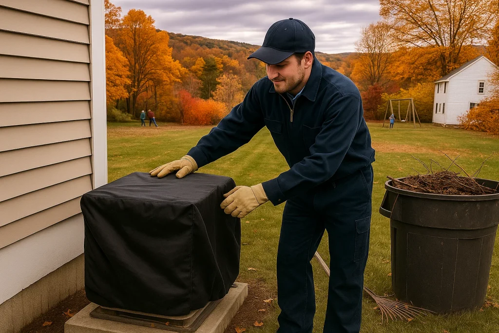 Of a HVAC technician covering an AC condenser unit for winter