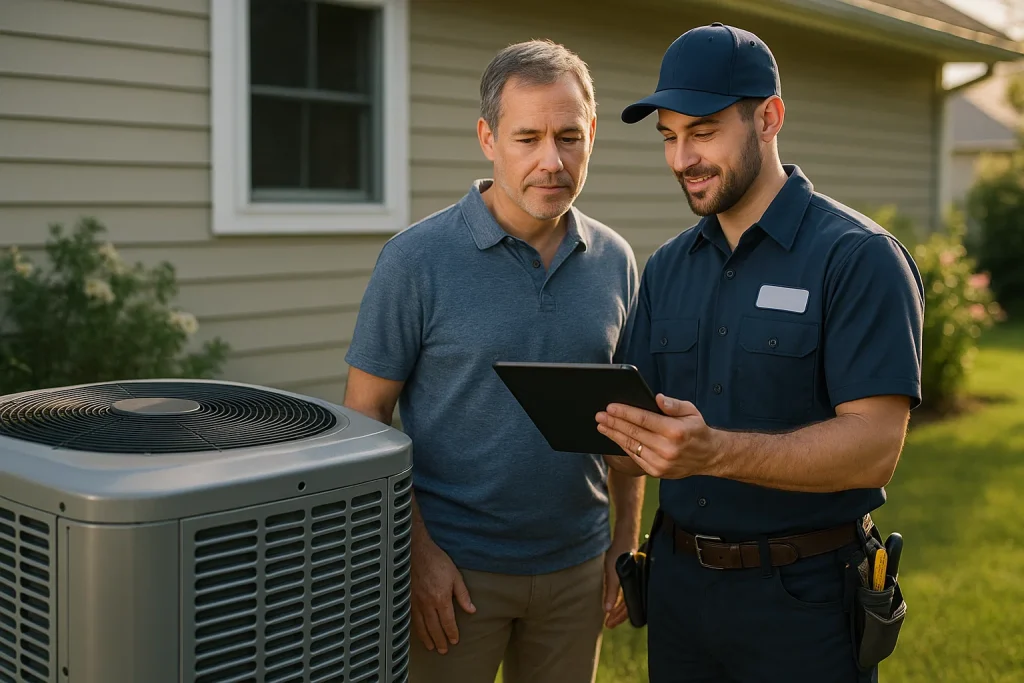 Homeowner and technician reviewing AC replacement options