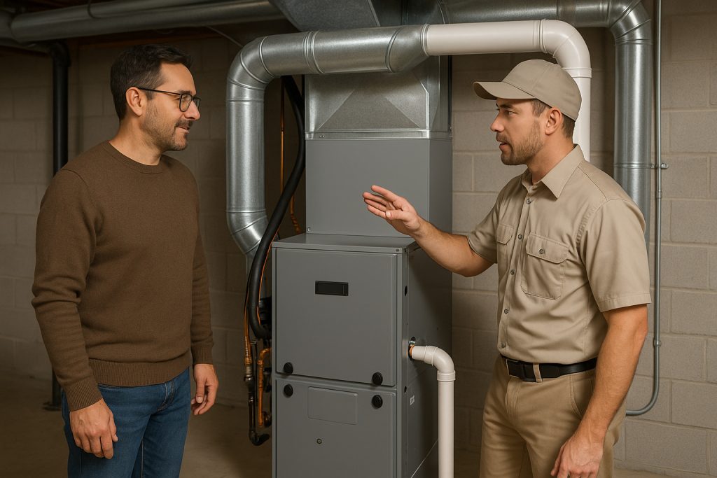 Homeowner reviewing indoor heat pump installation with HVAC technician in Milford basement