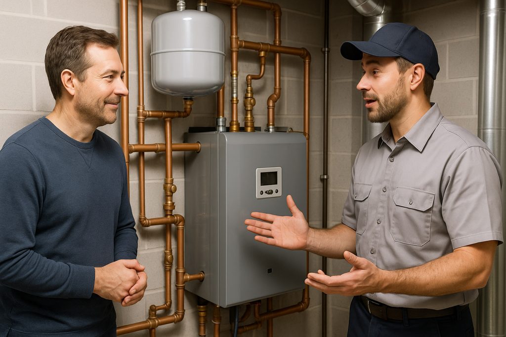 Homeowner reviewing boiler installation with HVAC technician in Milford basement