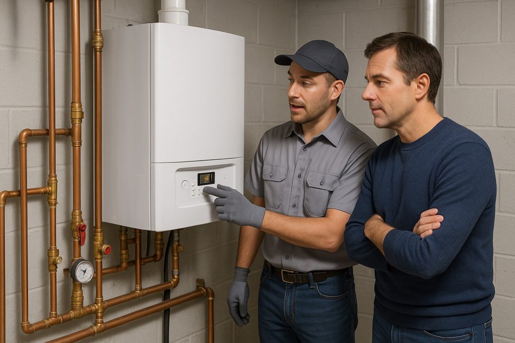 Homeowner reviewing new boiler system with HVAC technician in Milford basement