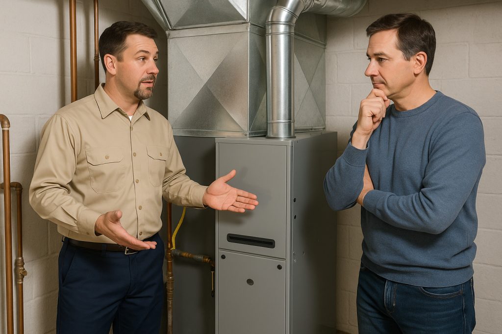 Homeowner reviewing new gas furnace installation with HVAC technician in Milford basement