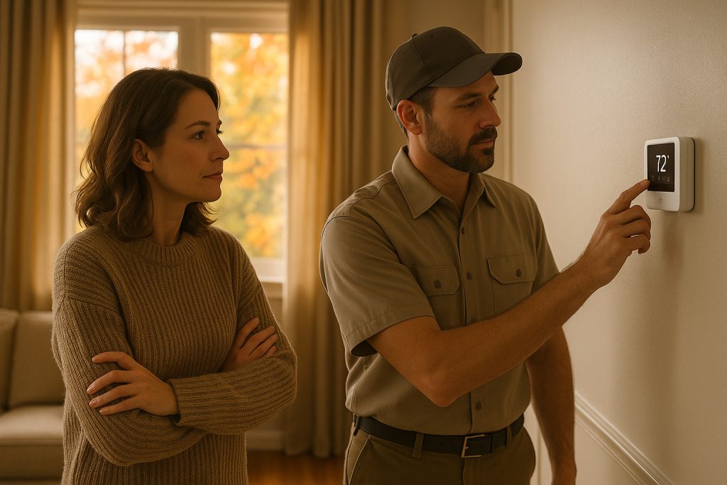Homeowner with HVAC technician checking thermostat during fall heating maintenance in Milford