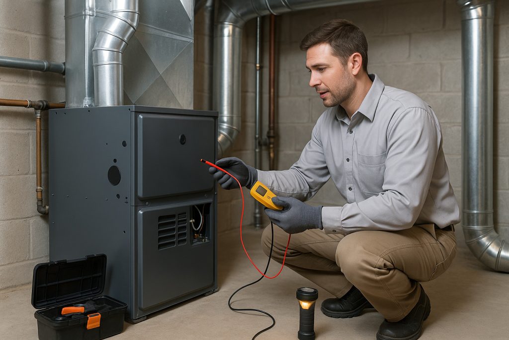 HVAC technician testing furnace electrical connections with multimeter in basement