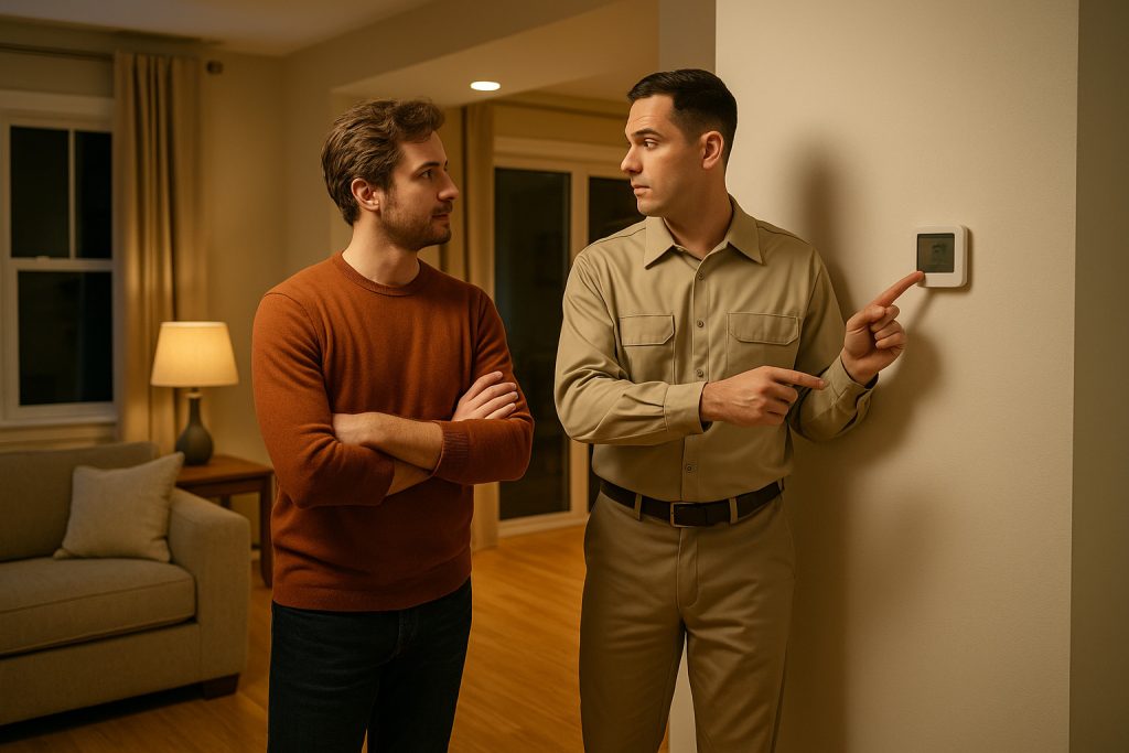 Homeowner with HVAC technician reviewing thermostat during heat pump maintenance in Milford