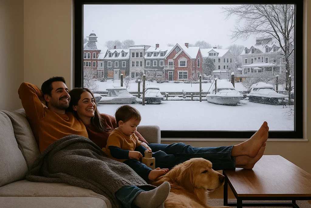 An image of a family and their dog cozy in their living room on the couch in their Milford, Connecticut home.