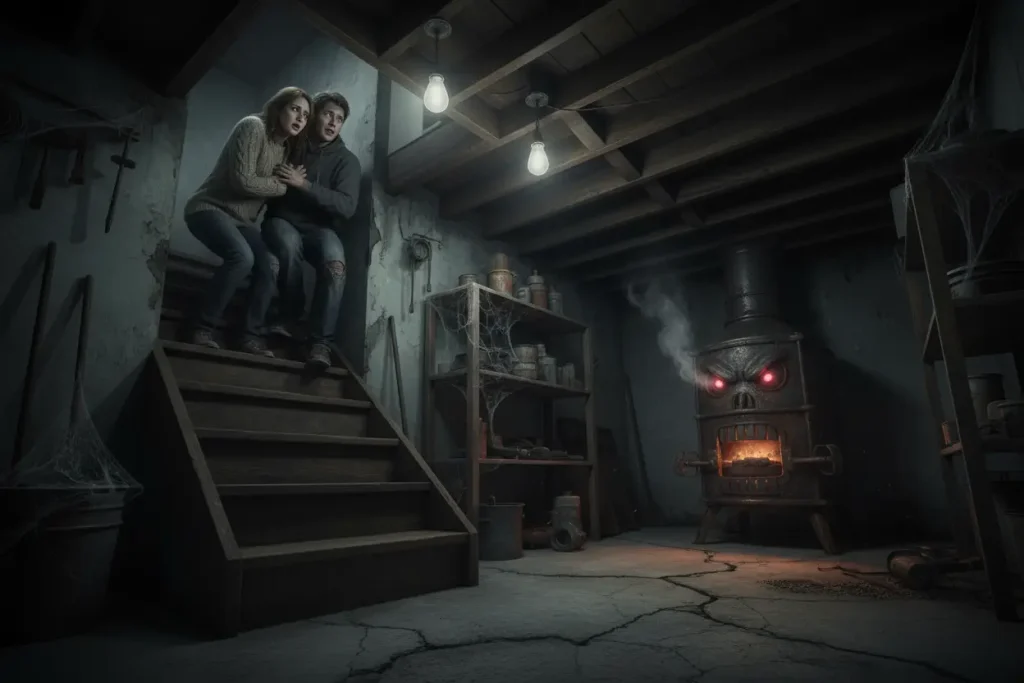 A young couple are frightened by their spooky old furnace.