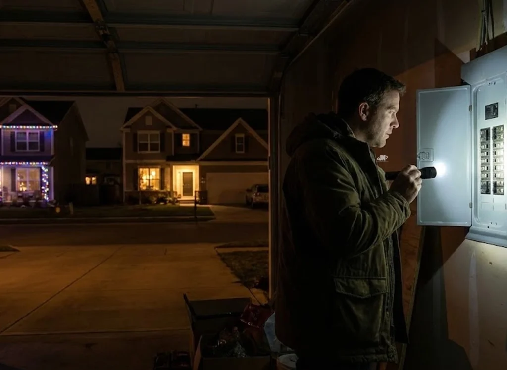 The homeowner checking his breaker box to see why his power is out while all his neighbors lights are on