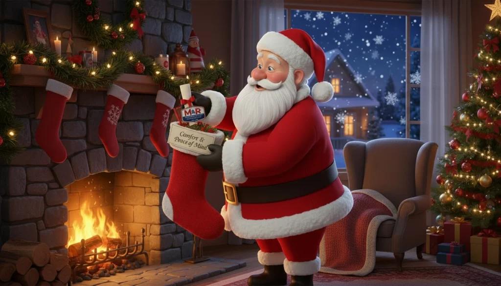 Santa gifting an HVAC maintenance plan as a clever holiday surprise.