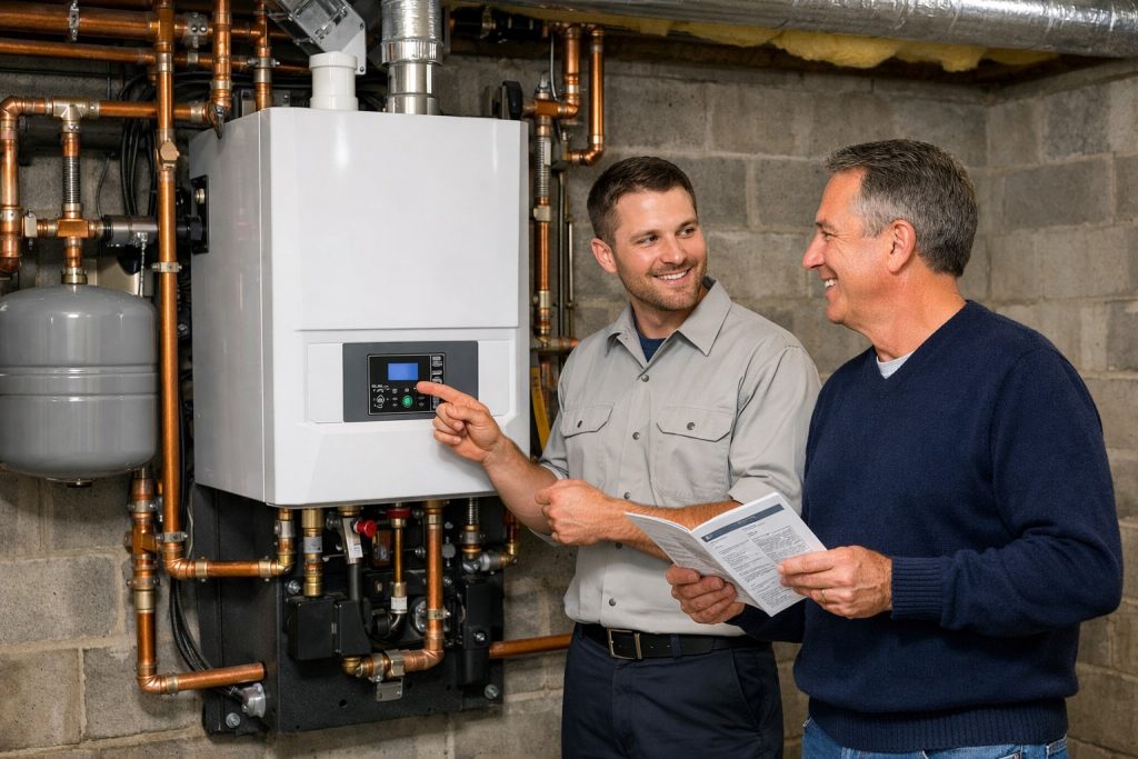 Homeowner and technician reviewing new boiler installation in Milford basement.