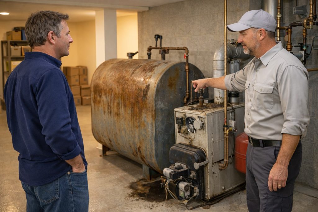 Homeowner reviewing oil tank and boiler replacement.