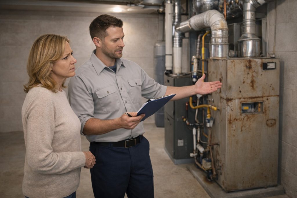 HVAC technician and Milford homeowner discussing central heating repair options near older unit. 
