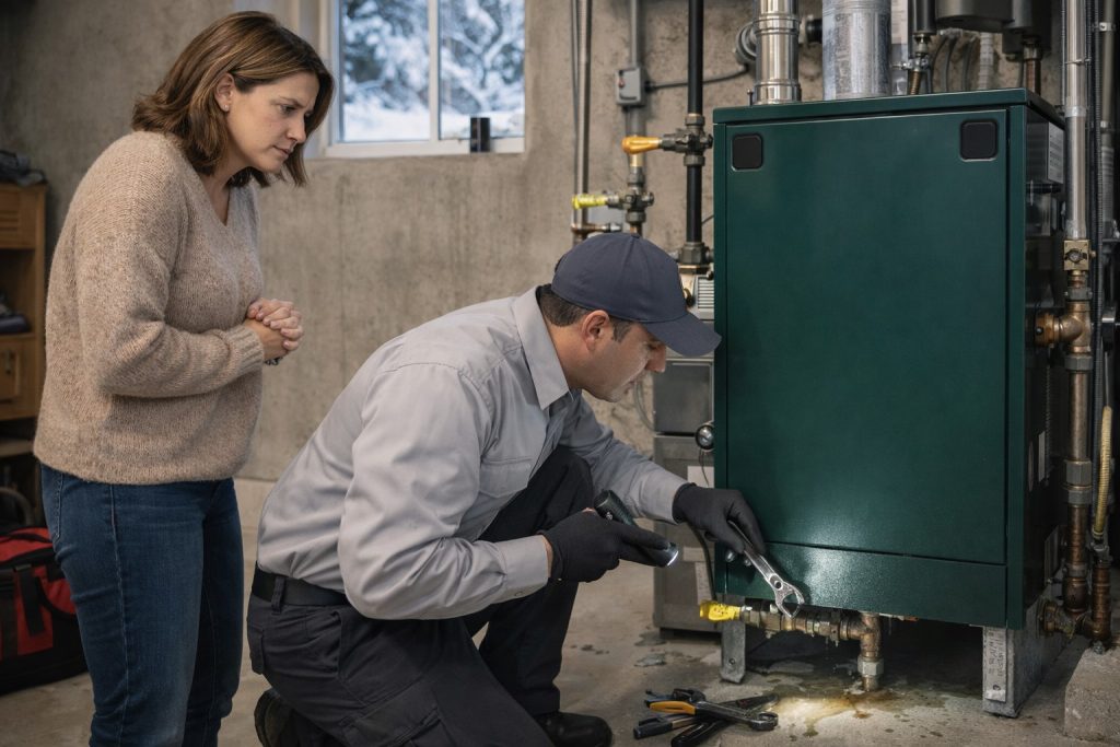 Homeowner and technician inspecting boiler leak during winter emergency in Milford CT.
