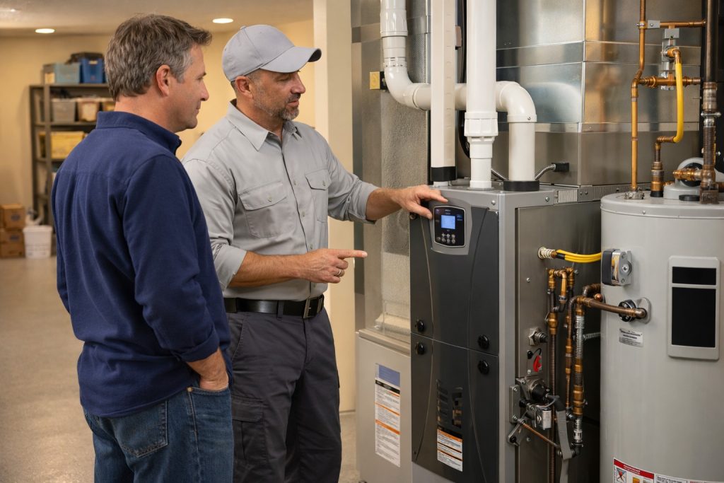 Homeowner meeting with technician about new furnace.
