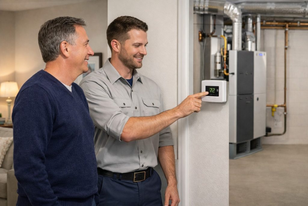 Homeowner and technician reviewing new furnace installation and thermostat in Milford home.