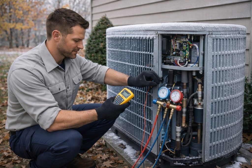 HVAC technician diagnosing outdoor heat pump unit with frost buildup in Connecticut yard.
