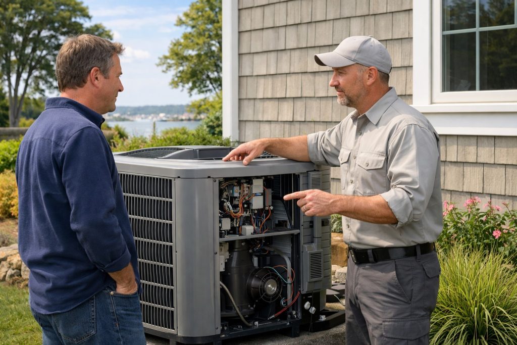 Homeowner consulting HVAC technician at heat pump.
