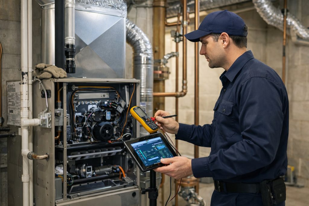 HVAC technician uses multimeter to inspect furnace in Connecticut basement.
