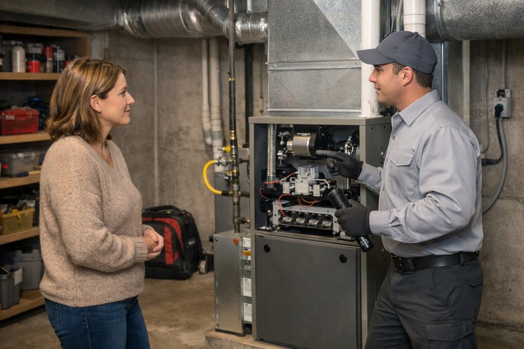 Homeowner and technician discuss gas vs electric furnace options in a Milford CT basement.
