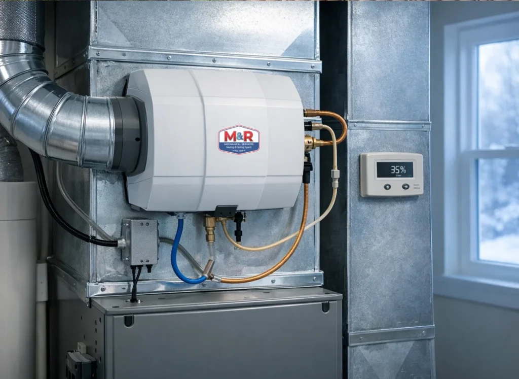 Whole-home humidifier installed on a home HVAC system, helping regulate indoor humidity during winter.