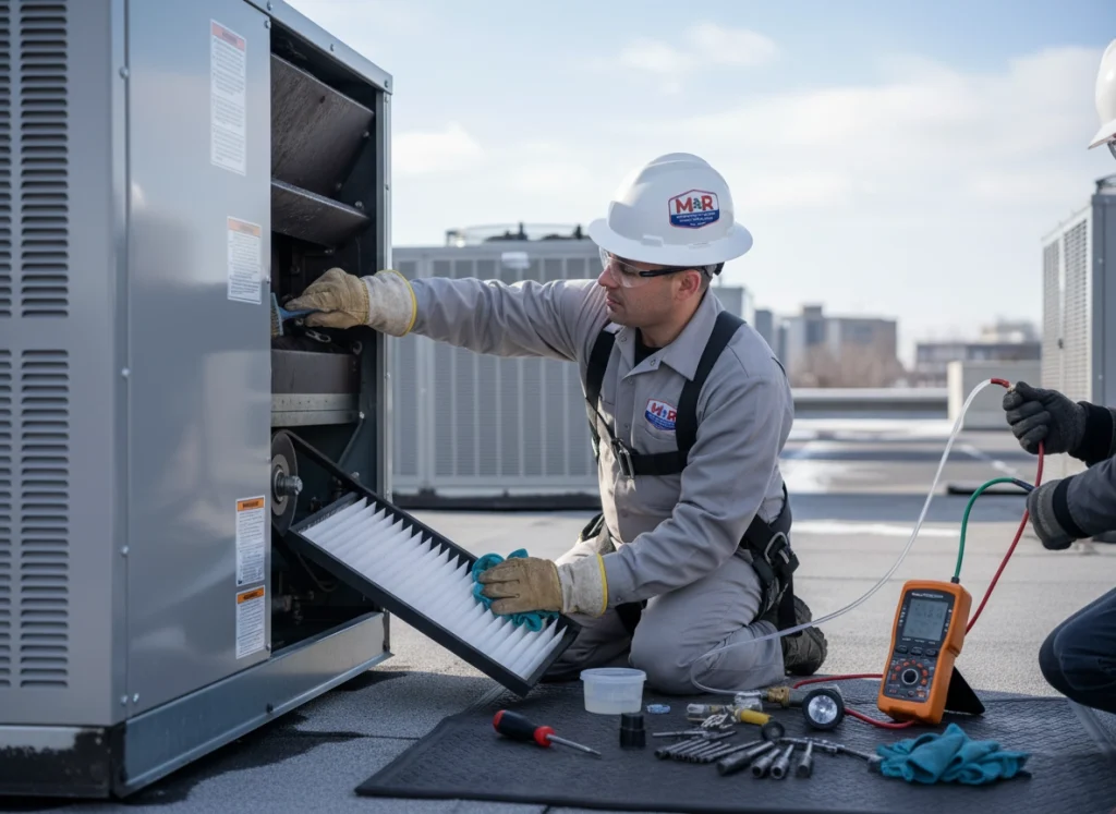 Commercial HVAC technician performing rooftop heating tune up and combustion testing in Trumbull CT