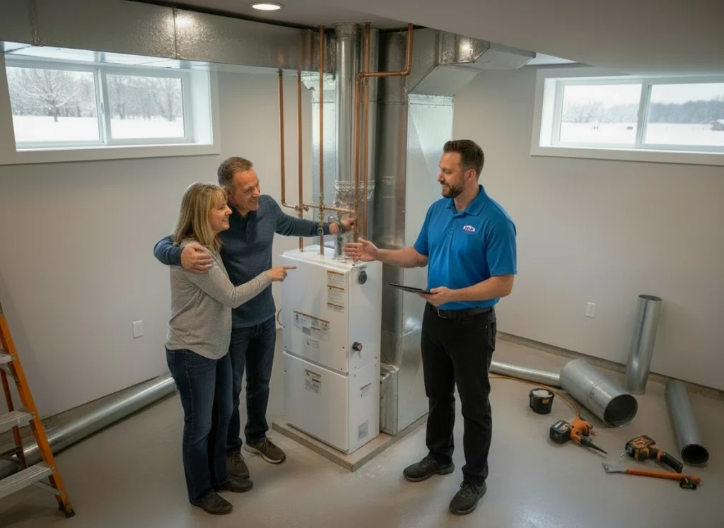 An HVAC tech showing a loving home owner couple their new furnace.