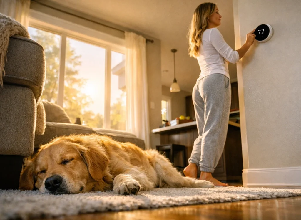 A homeowner adjusting the smart thermostat.
