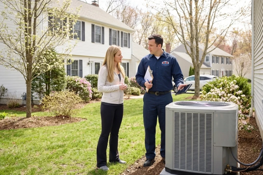 Milford homeowner meeting HVAC technician for spring AC tune-up