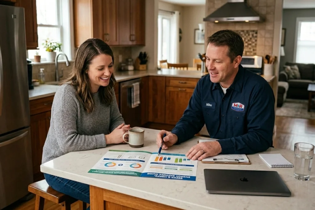 Homeowner learning about SEER2 and HSPF2 efficiency ratings