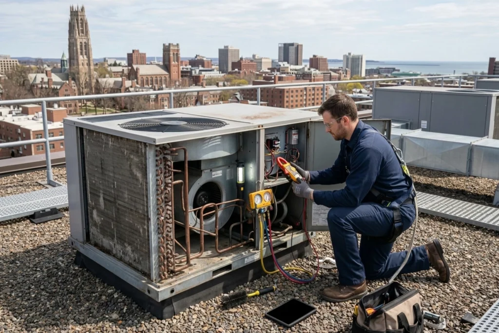 Commercial HVAC technician inspecting rooftop unit before summer