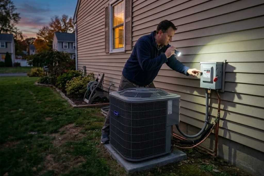 A homeowner diagnosing outdoor AC breakdown by checking the power.