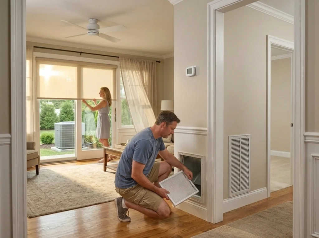 Stratford homeowners using filters shades and ceiling fans for efficient summer cooling