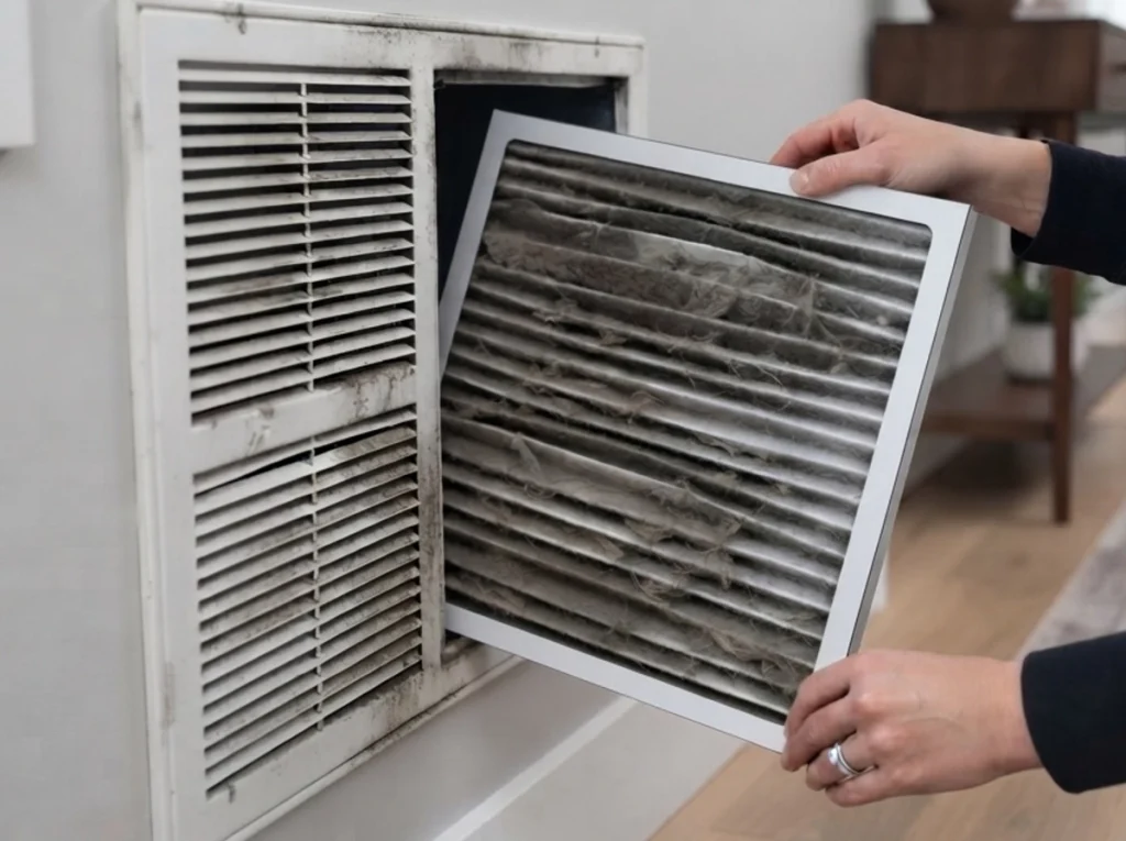 A homeowner chaning an air filter.