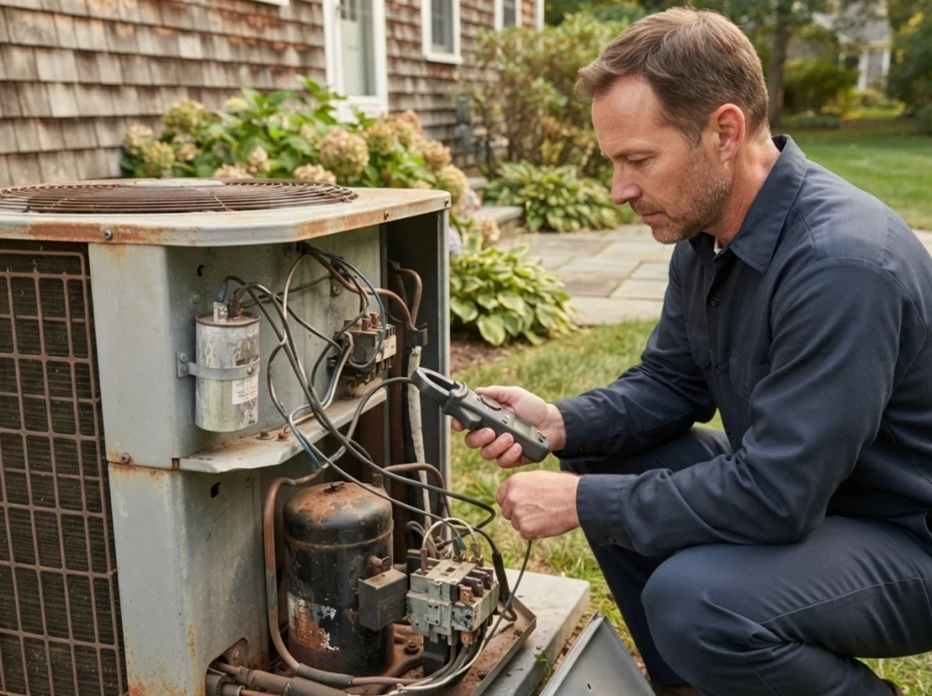 HVAC technician checking compressor strain on an aging Milford air conditioner