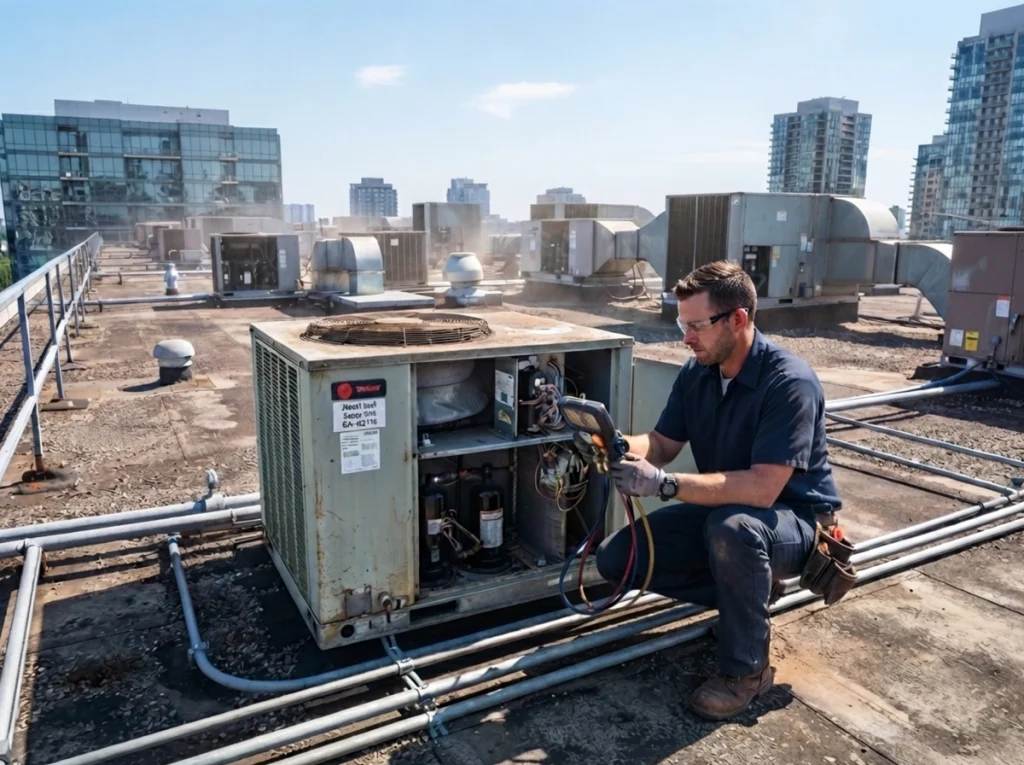 Technician inspecting commercial rooftop HVAC units in intense summer heat