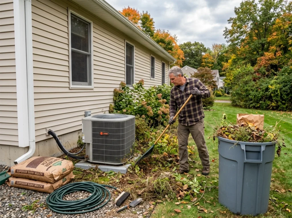 A homeowner cleaning around his AC unit on a fall day.