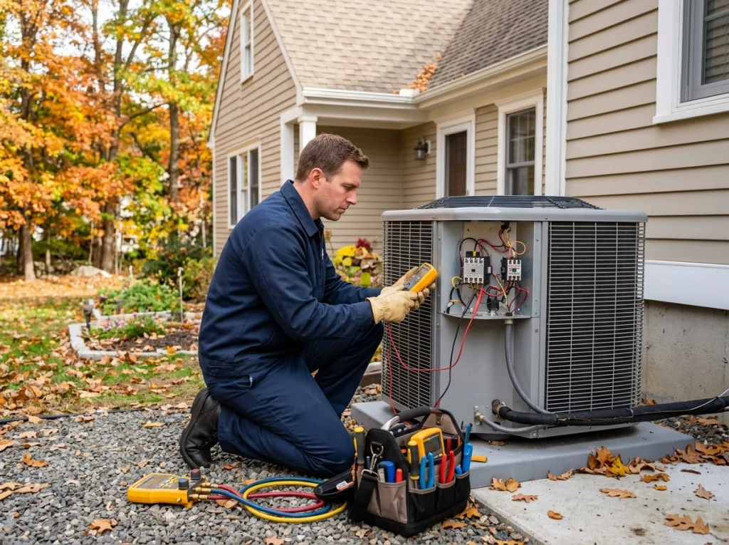 HVAC technician performing fall maintenance on a residential heat pump